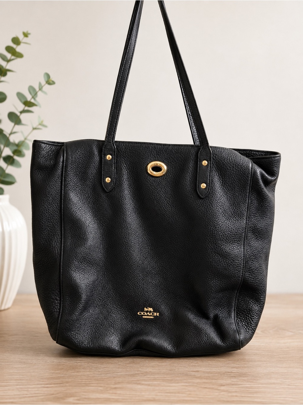 Coach Black Pebbled Leather Tote with Gold Accents